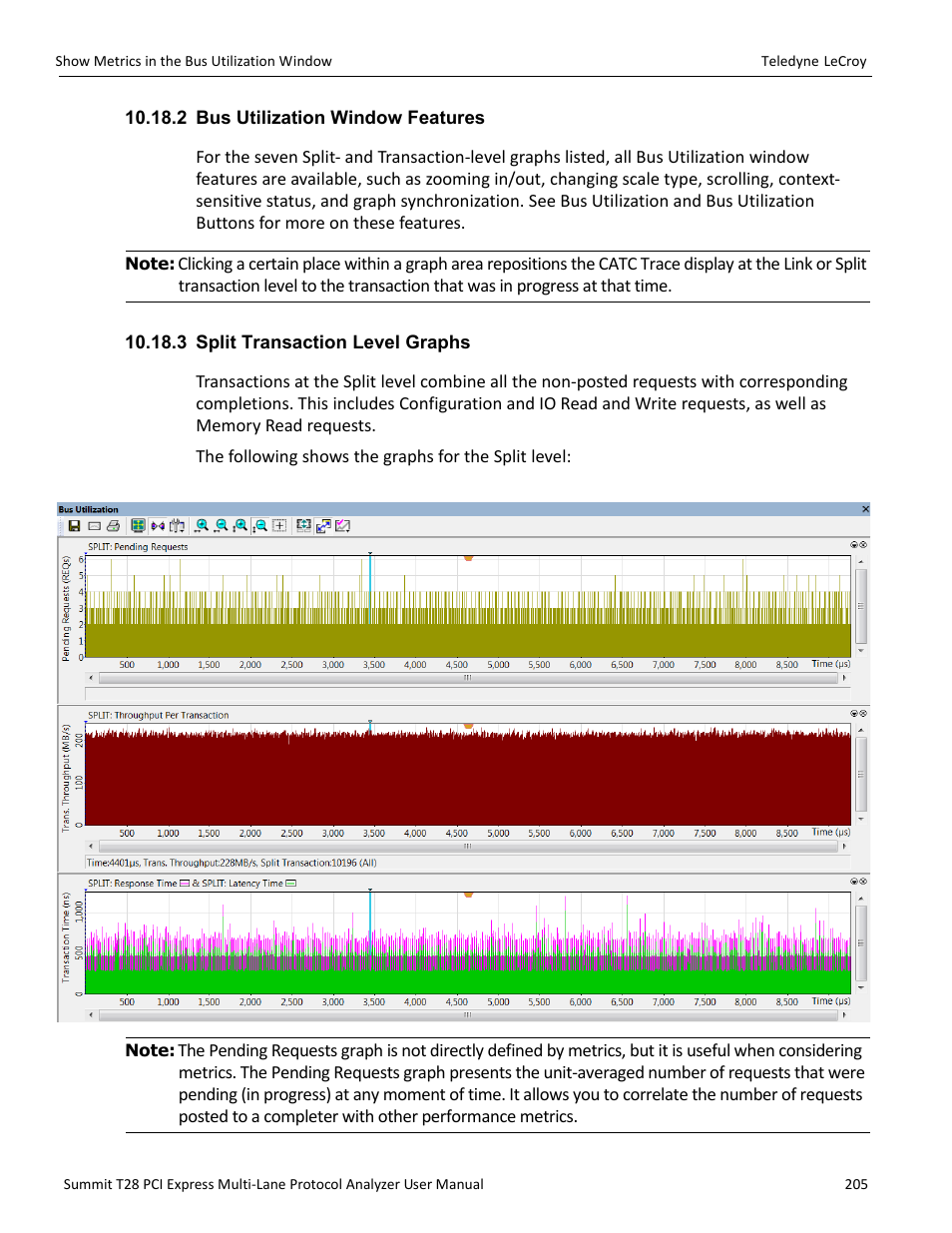 2 bus utilization window features, 3 split transaction level graphs | Teledyne LeCroy Summit T28 PCIe Multi-lane Protocol Analyzer User Manual User Manual | Page 217 / 256