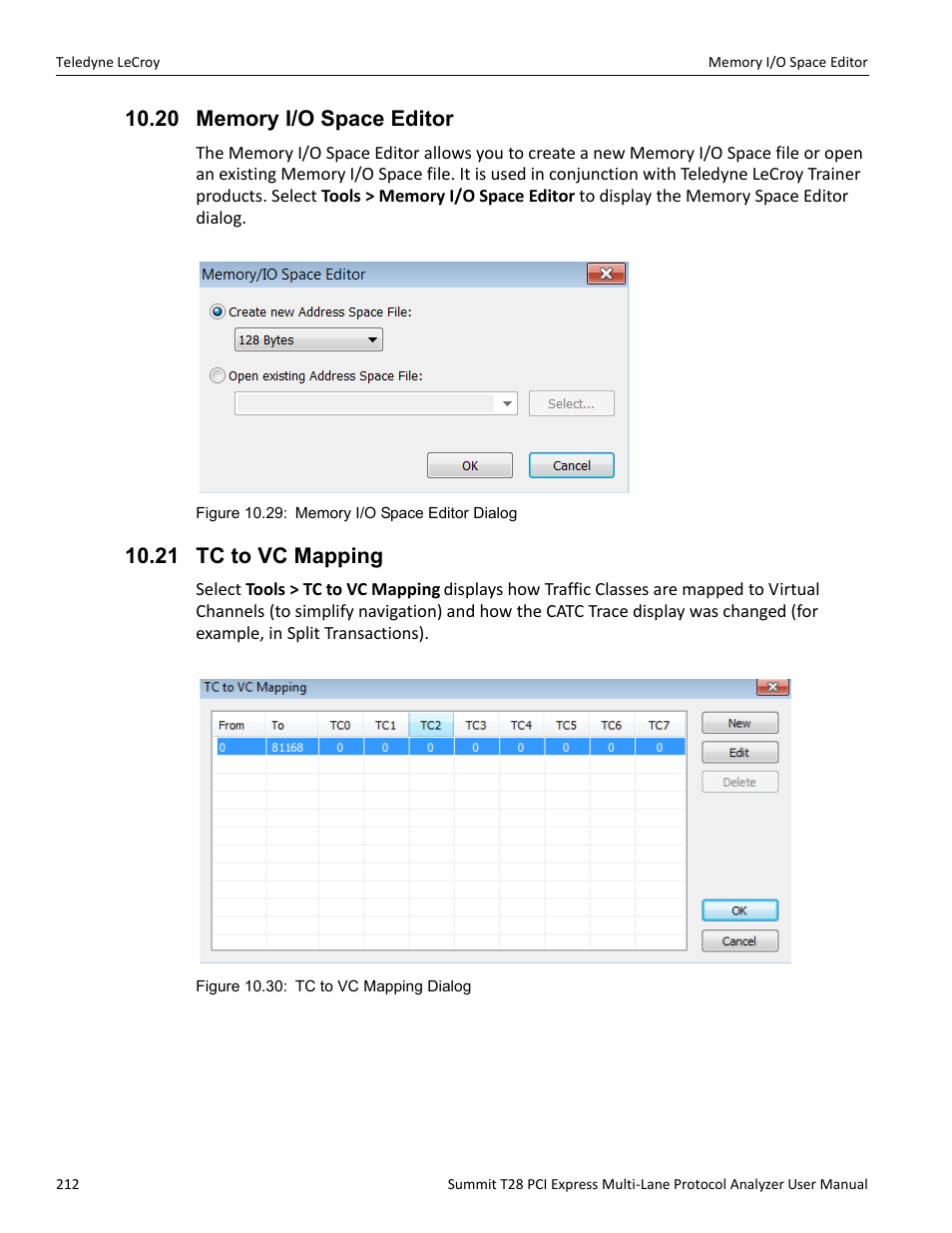 20 memory i/o space editor, 21 tc to vc mapping, 20 memory i/o space editor 10.21 tc to vc mapping | Teledyne LeCroy Summit T28 PCIe Multi-lane Protocol Analyzer User Manual User Manual | Page 224 / 256