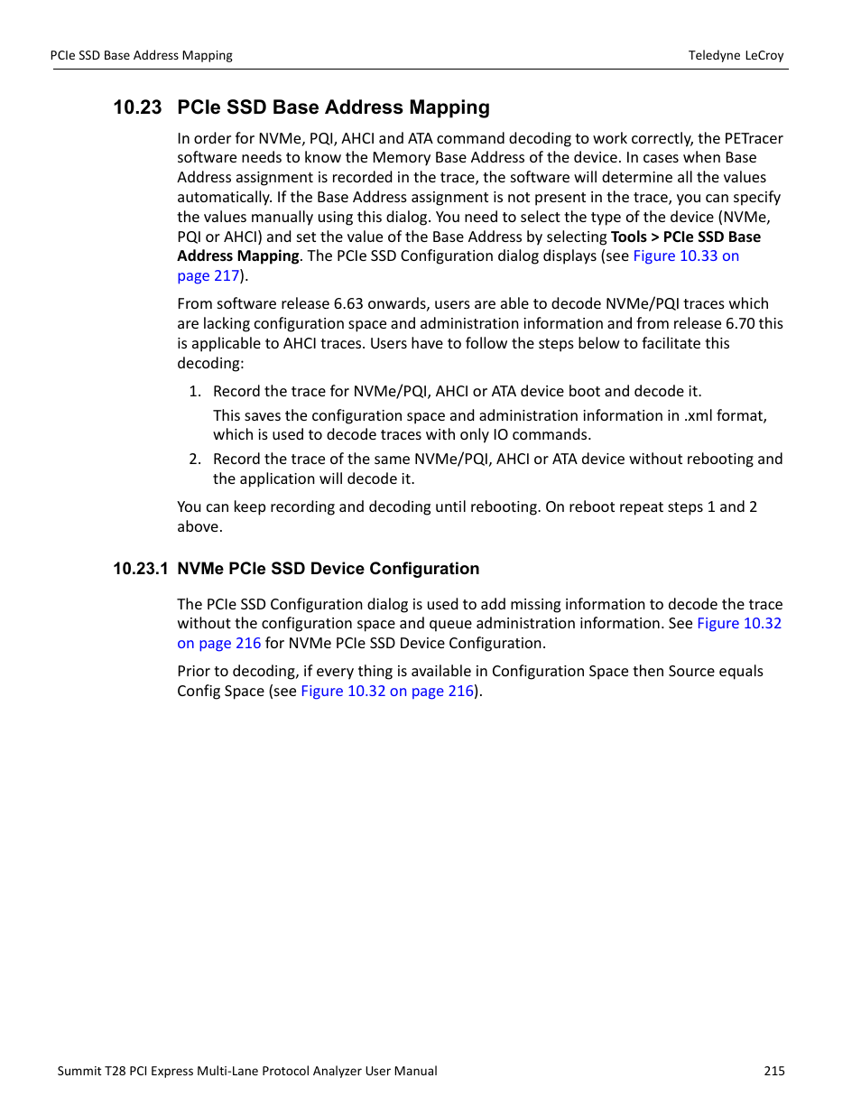 23 pcie ssd base address mapping, 1 nvme pcie ssd device configuration | Teledyne LeCroy Summit T28 PCIe Multi-lane Protocol Analyzer User Manual User Manual | Page 227 / 256
