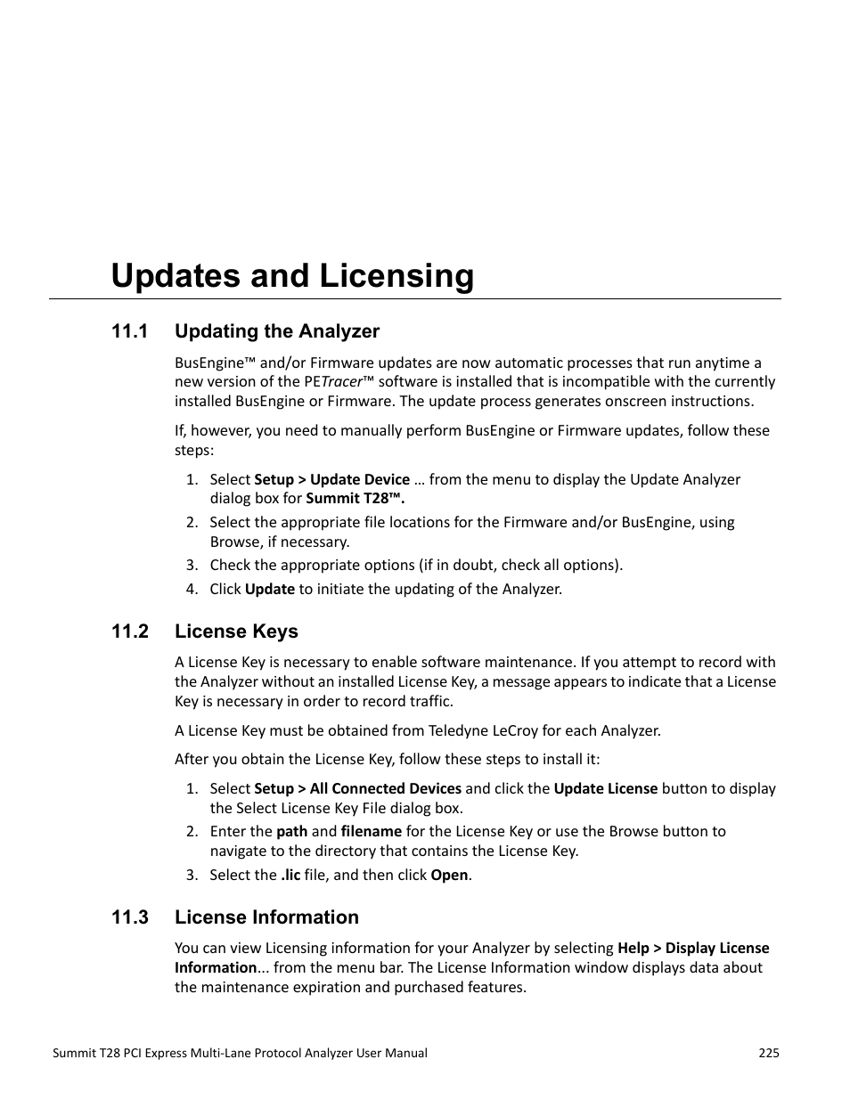 Updates and licensing, 1 updating the analyzer, 2 license keys | 3 license information, Chapter 11: updates and licensing, 1 updating the analyzer 11.2 license keys, Chapter 11 | Teledyne LeCroy Summit T28 PCIe Multi-lane Protocol Analyzer User Manual User Manual | Page 237 / 256