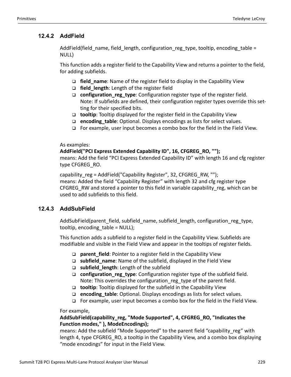 2 addfield, 3 addsubfield, 2 addfield 12.4.3 addsubfield | Teledyne LeCroy Summit T28 PCIe Multi-lane Protocol Analyzer User Manual User Manual | Page 241 / 256