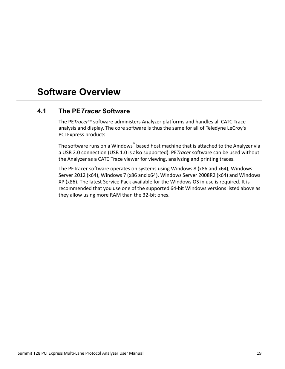 Software overview, 1 the petracer software, Chapter 4: software overview | Chapter 4 | Teledyne LeCroy Summit T28 PCIe Multi-lane Protocol Analyzer User Manual User Manual | Page 31 / 256