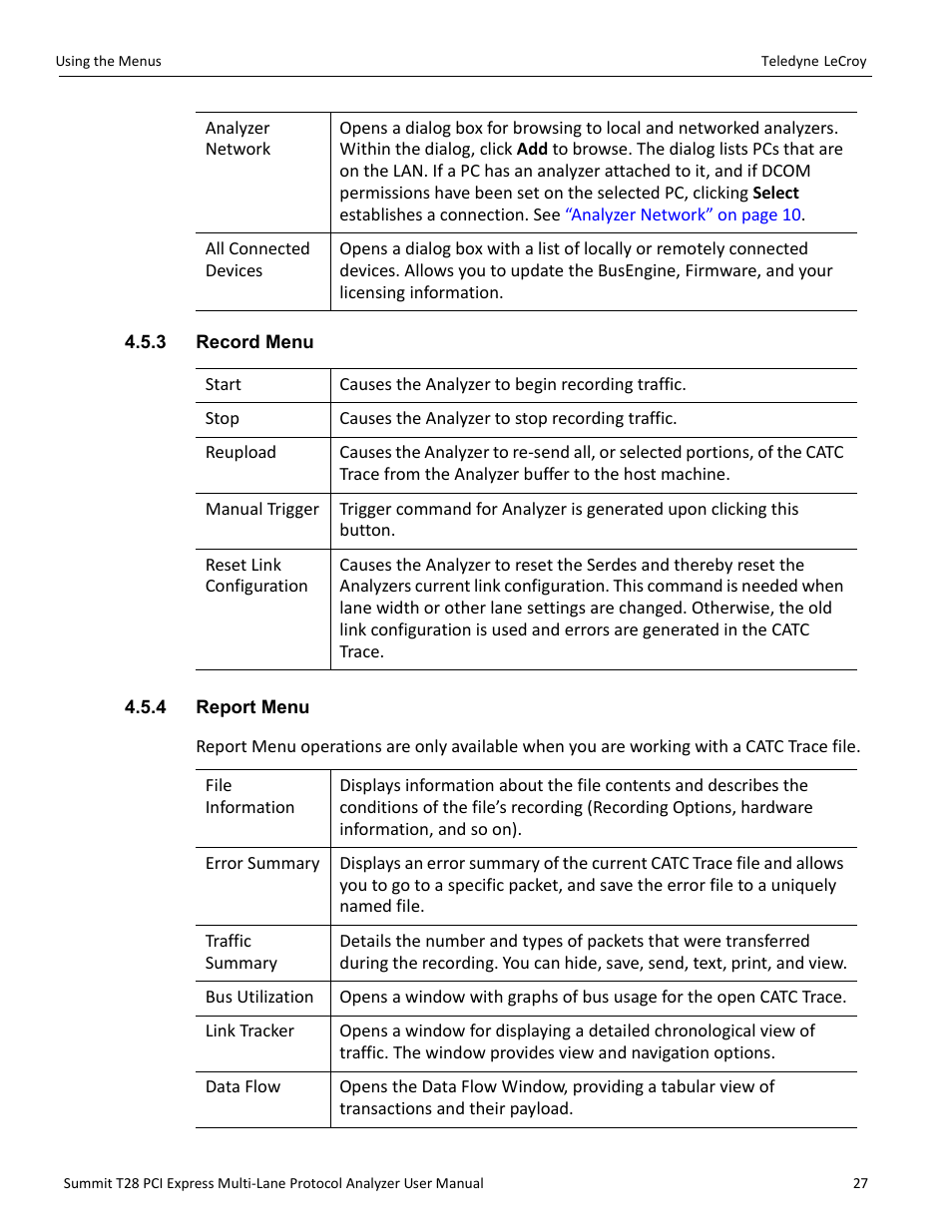 3 record menu, 4 report menu, 3 record menu 4.5.4 report menu | Teledyne LeCroy Summit T28 PCIe Multi-lane Protocol Analyzer User Manual User Manual | Page 39 / 256