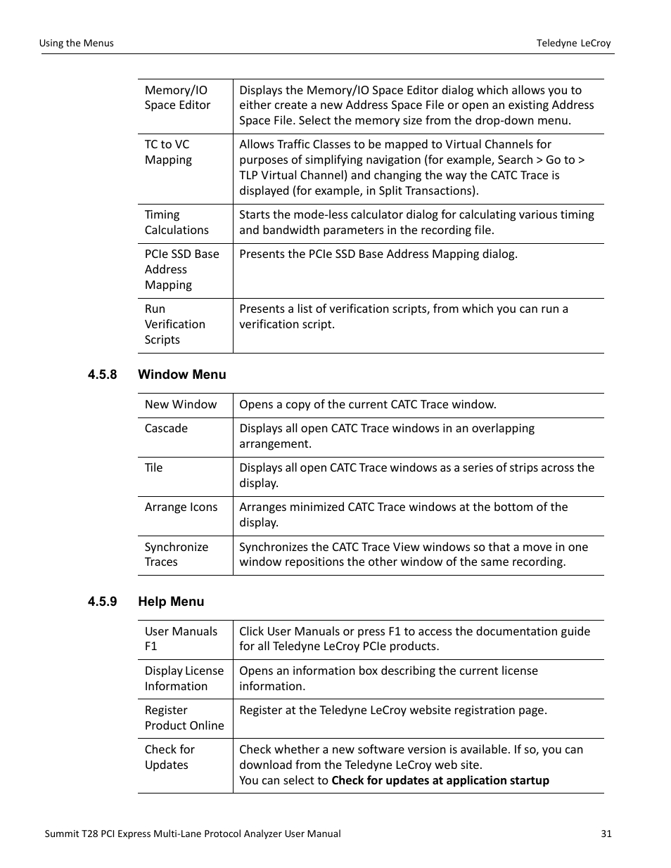 8 window menu, 9 help menu, 8 window menu 4.5.9 help menu | Teledyne LeCroy Summit T28 PCIe Multi-lane Protocol Analyzer User Manual User Manual | Page 43 / 256