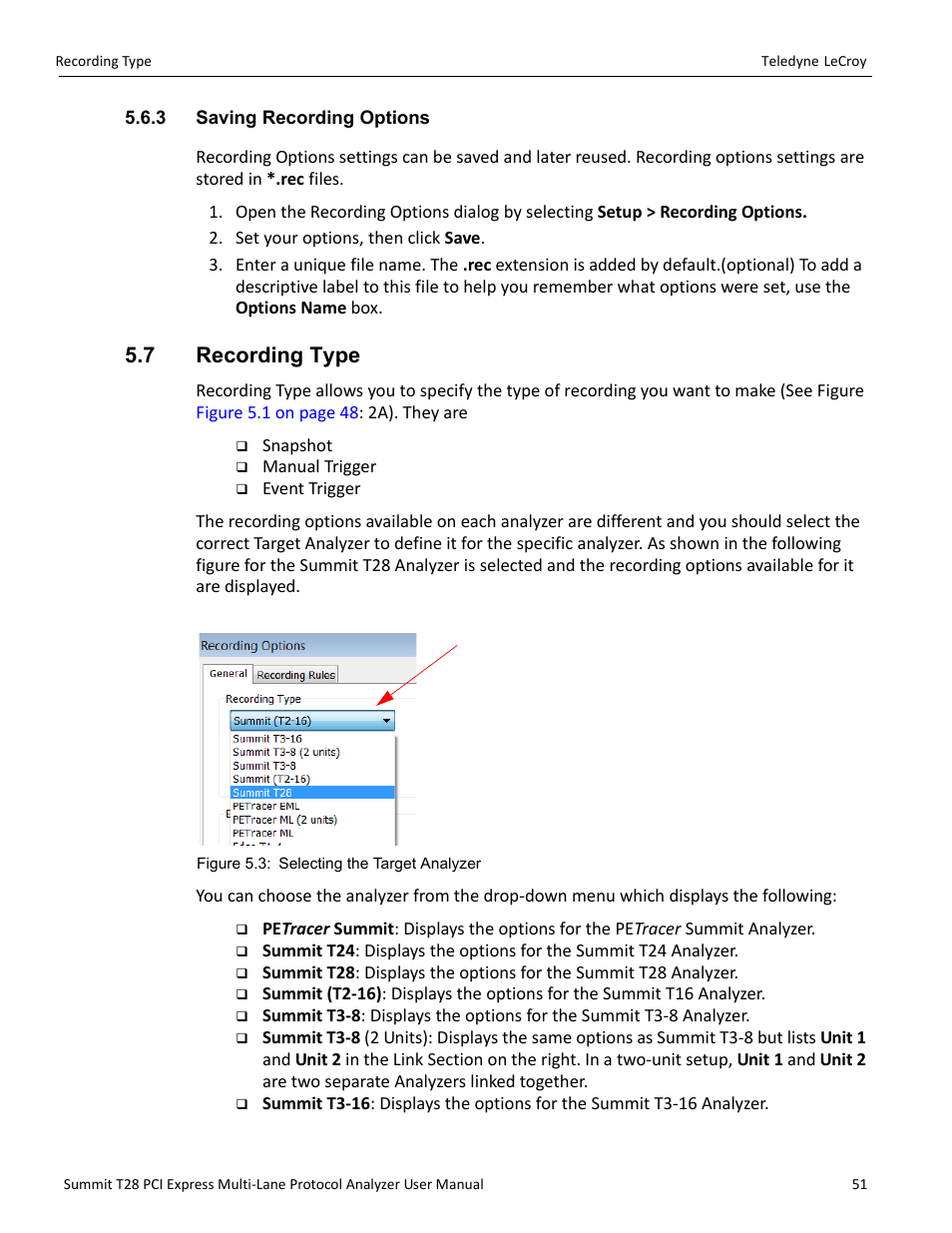 3 saving recording options, 7 recording type | Teledyne LeCroy Summit T28 PCIe Multi-lane Protocol Analyzer User Manual User Manual | Page 63 / 256