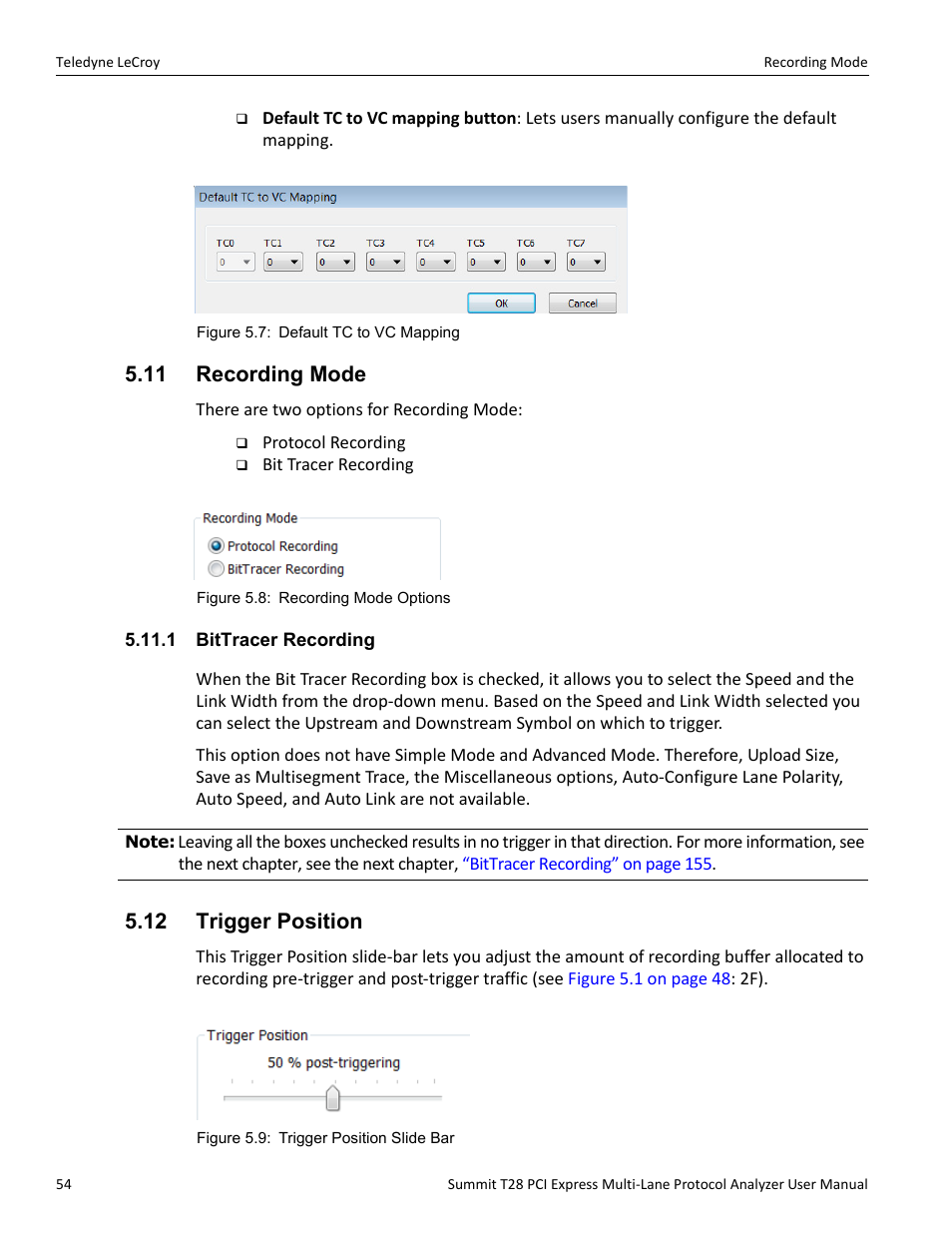 11 recording mode, 1 bittracer recording, 12 trigger position | Teledyne LeCroy Summit T28 PCIe Multi-lane Protocol Analyzer User Manual User Manual | Page 66 / 256