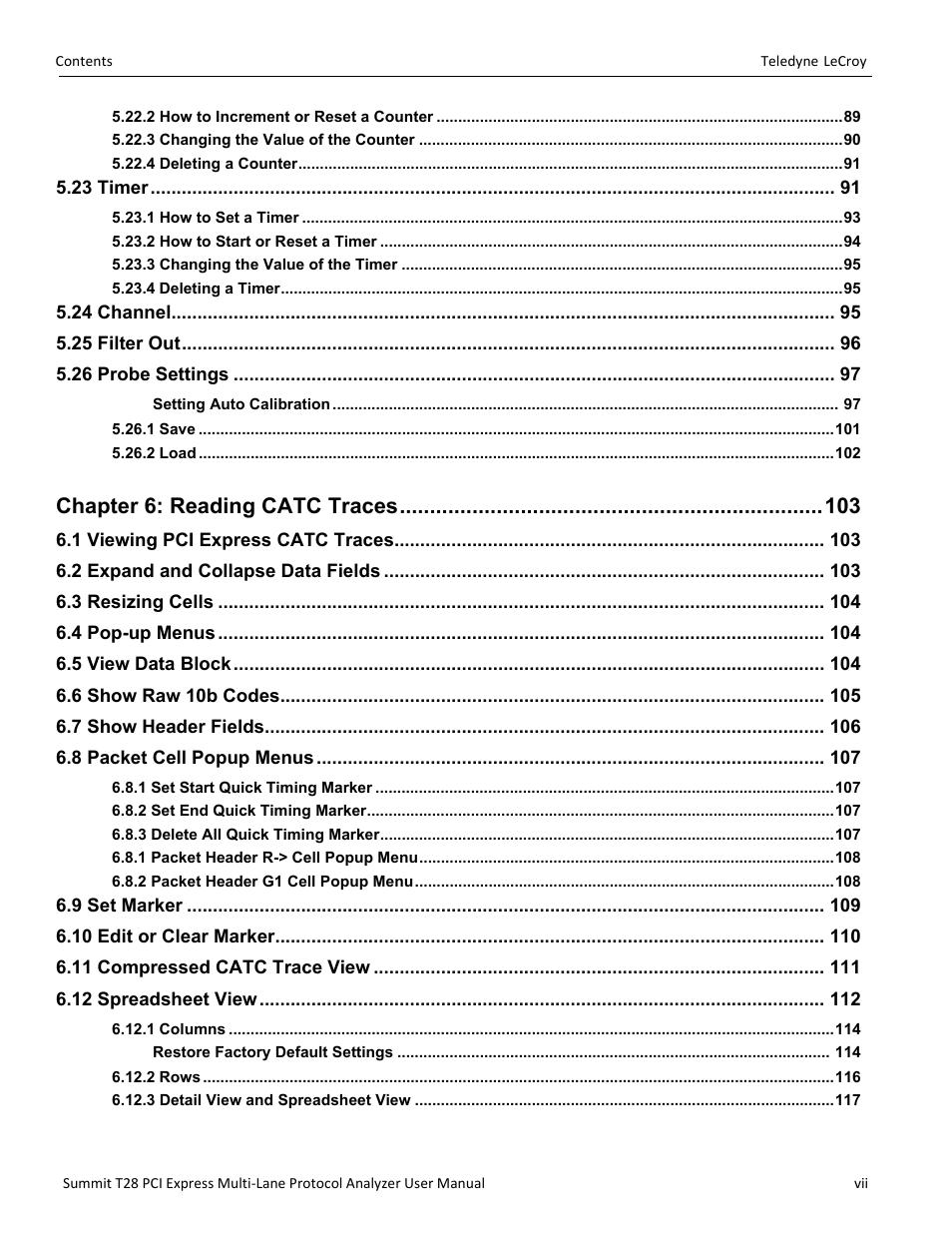 Chapter 6: reading catc traces | Teledyne LeCroy Summit T28 PCIe Multi-lane Protocol Analyzer User Manual User Manual | Page 7 / 256