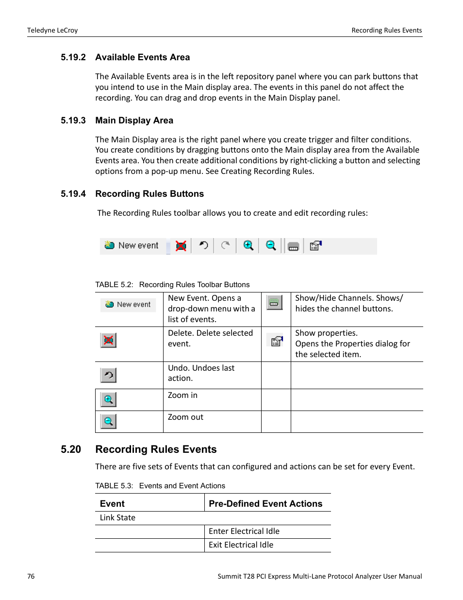 2 available events area, 3 main display area, 4 recording rules buttons | 20 recording rules events | Teledyne LeCroy Summit T28 PCIe Multi-lane Protocol Analyzer User Manual User Manual | Page 88 / 256