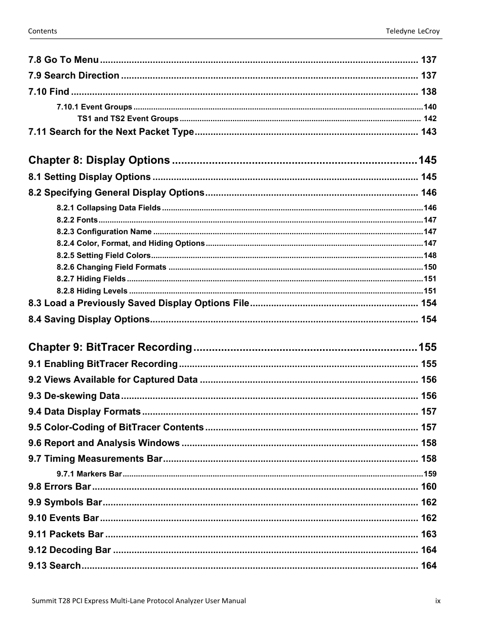 Chapter 8: display options, Chapter 9: bittracer recording | Teledyne LeCroy Summit T28 PCIe Multi-lane Protocol Analyzer User Manual User Manual | Page 9 / 256