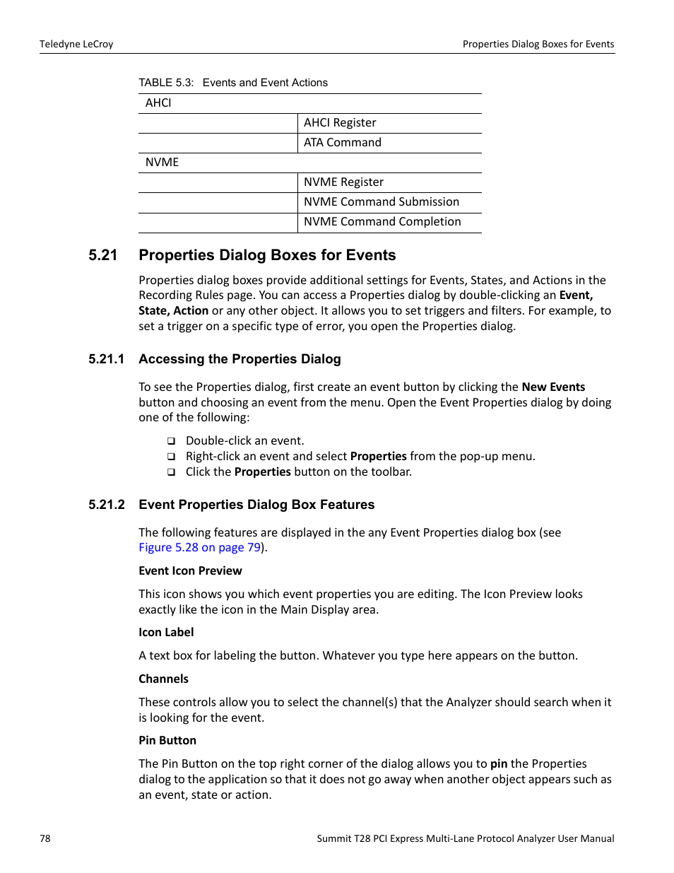 21 properties dialog boxes for events, 1 accessing the properties dialog, 2 event properties dialog box features | Teledyne LeCroy Summit T28 PCIe Multi-lane Protocol Analyzer User Manual User Manual | Page 90 / 256