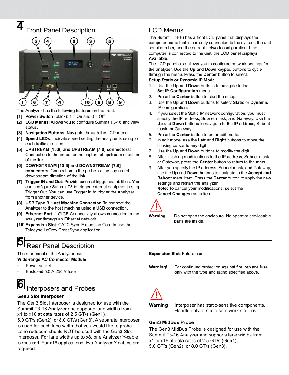 Front panel description, Lcd menus, Rear panel description | Interposers and probes | Teledyne LeCroy Summit T3-16 PCI Express Protocol Analyzer QSG User Manual | Page 2 / 4