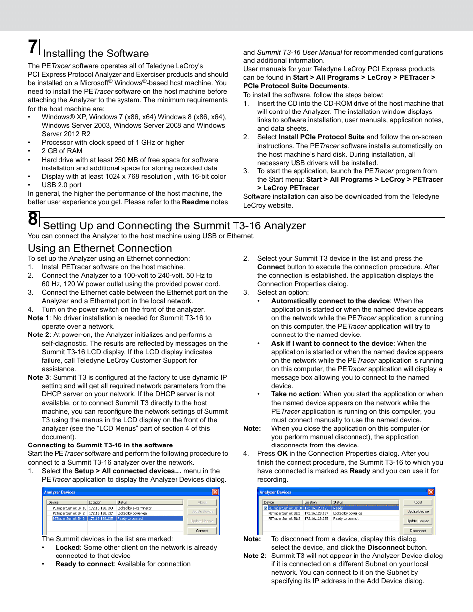 Installing the software, Using an ethernet connection | Teledyne LeCroy Summit T3-16 PCI Express Protocol Analyzer QSG User Manual | Page 3 / 4