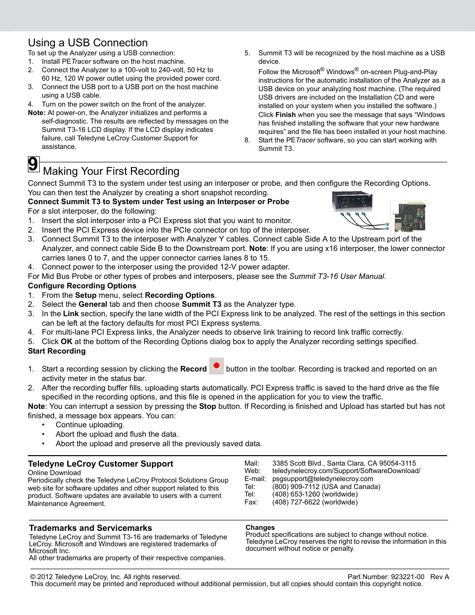 Making your first recording, Using a usb connection | Teledyne LeCroy Summit T3-16 PCI Express Protocol Analyzer QSG User Manual | Page 4 / 4