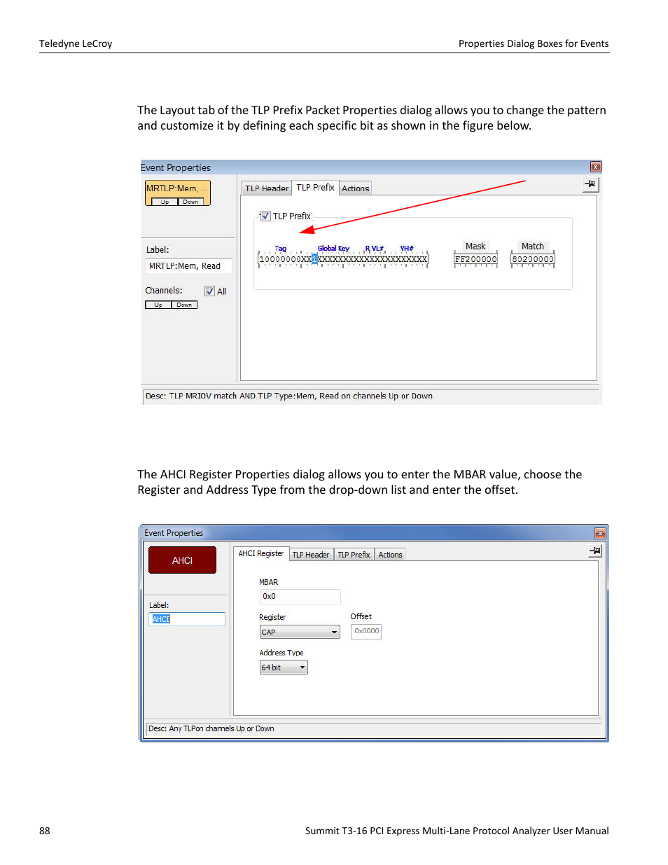 8 tlp prefix properties dialog, 9 ahci register properties dialog | Teledyne LeCroy Summit T3-16 PCIe Multi-lane Protocol Analyzer User Manual User Manual | Page 100 / 266