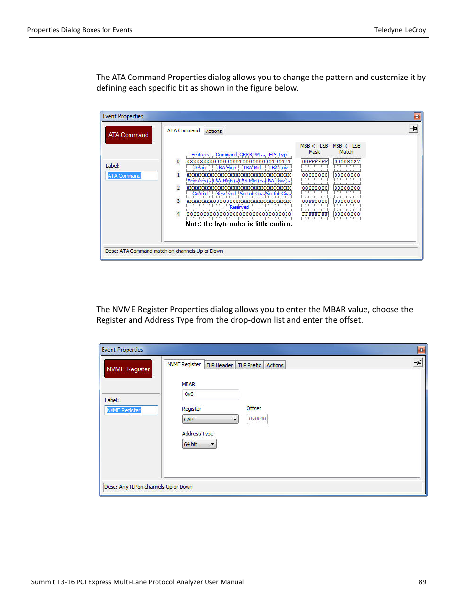 10 ata command properties dialog, 11 nvme register properties dialog | Teledyne LeCroy Summit T3-16 PCIe Multi-lane Protocol Analyzer User Manual User Manual | Page 101 / 266