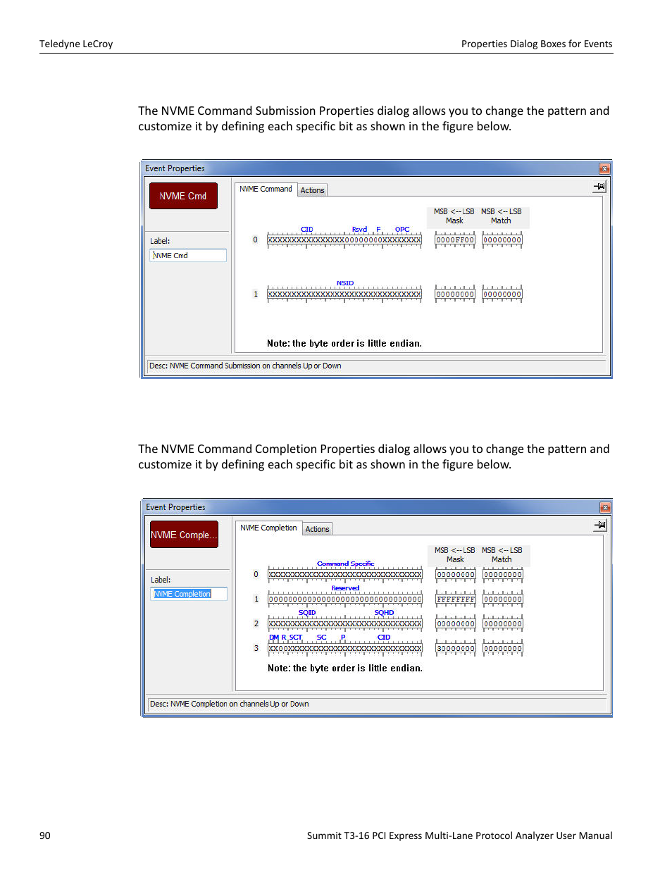 12 nvme command submission properties dialog, 13 nvme command completion properties dialog | Teledyne LeCroy Summit T3-16 PCIe Multi-lane Protocol Analyzer User Manual User Manual | Page 102 / 266