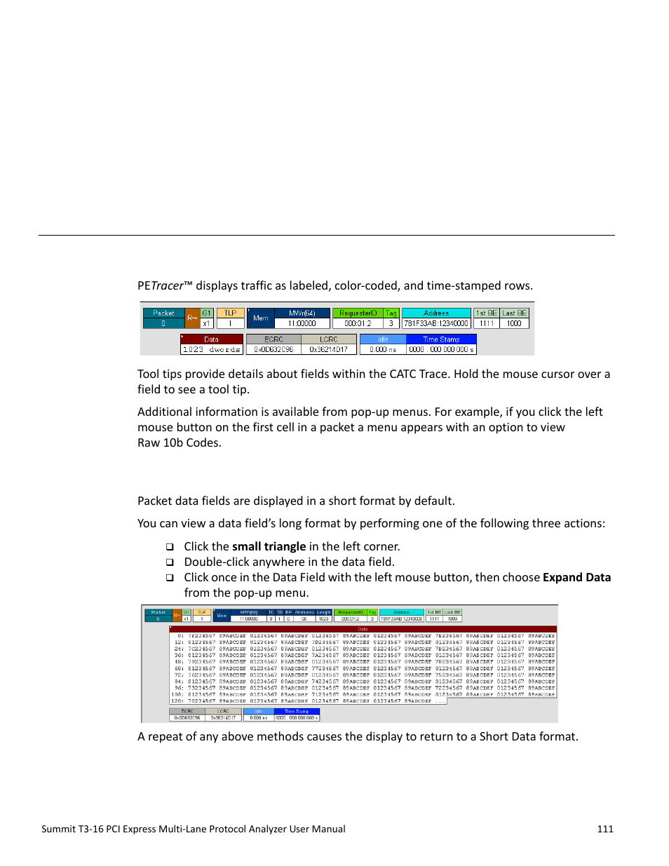 Reading catc traces, 1 viewing pci express catc traces, 2 expand and collapse data fields | Chapter 6: reading catc traces, Chapter 6 | Teledyne LeCroy Summit T3-16 PCIe Multi-lane Protocol Analyzer User Manual User Manual | Page 123 / 266