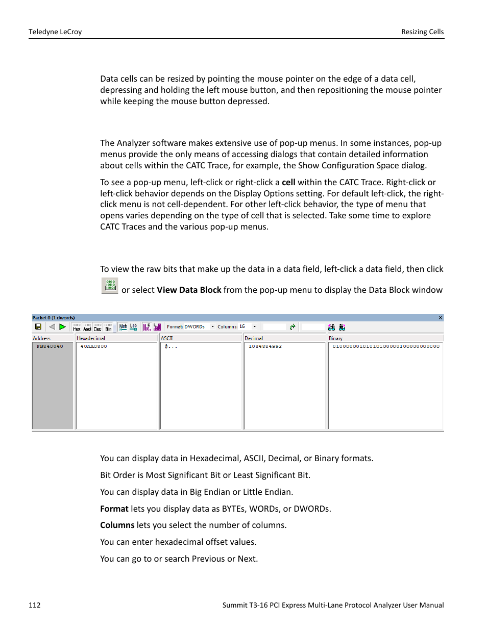 3 resizing cells, 4 pop-up menus, 5 view data block | Teledyne LeCroy Summit T3-16 PCIe Multi-lane Protocol Analyzer User Manual User Manual | Page 124 / 266