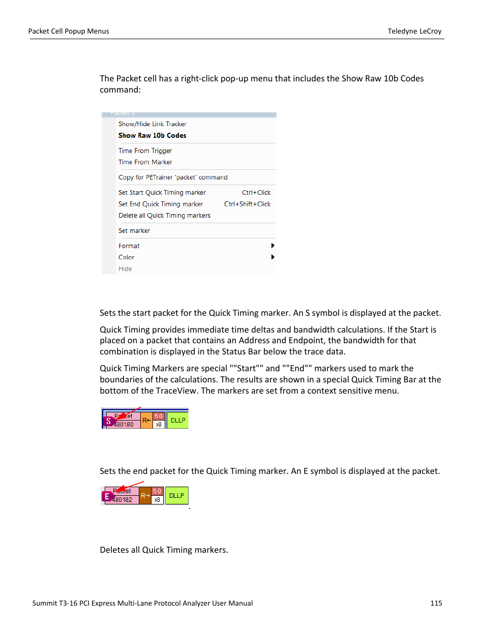 8 packet cell popup menus, 1 set start quick timing marker, 2 set end quick timing marker | 3 delete all quick timing marker | Teledyne LeCroy Summit T3-16 PCIe Multi-lane Protocol Analyzer User Manual User Manual | Page 127 / 266