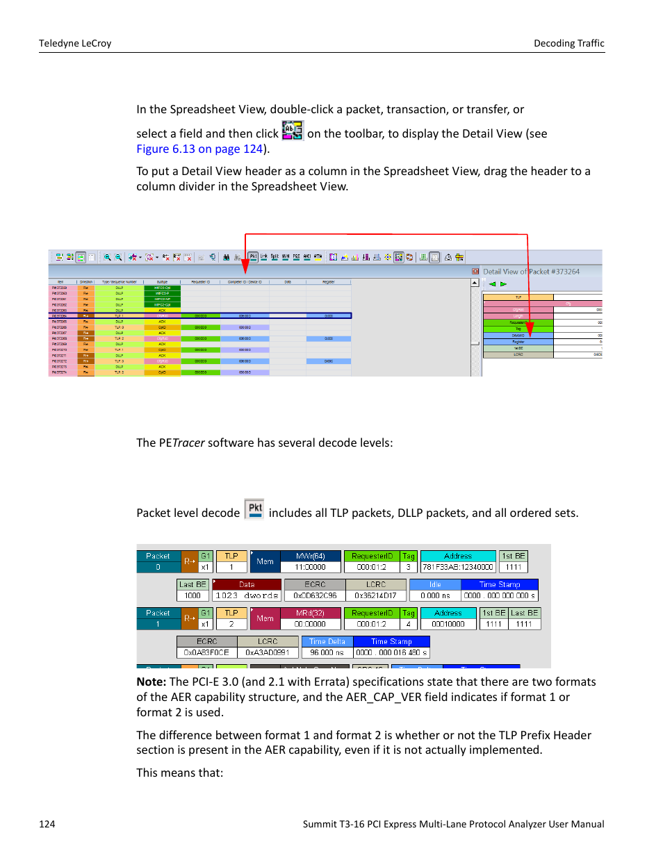 2 detail view and spreadsheet view, 13 decoding traffic, 1 packet | Teledyne LeCroy Summit T3-16 PCIe Multi-lane Protocol Analyzer User Manual User Manual | Page 136 / 266