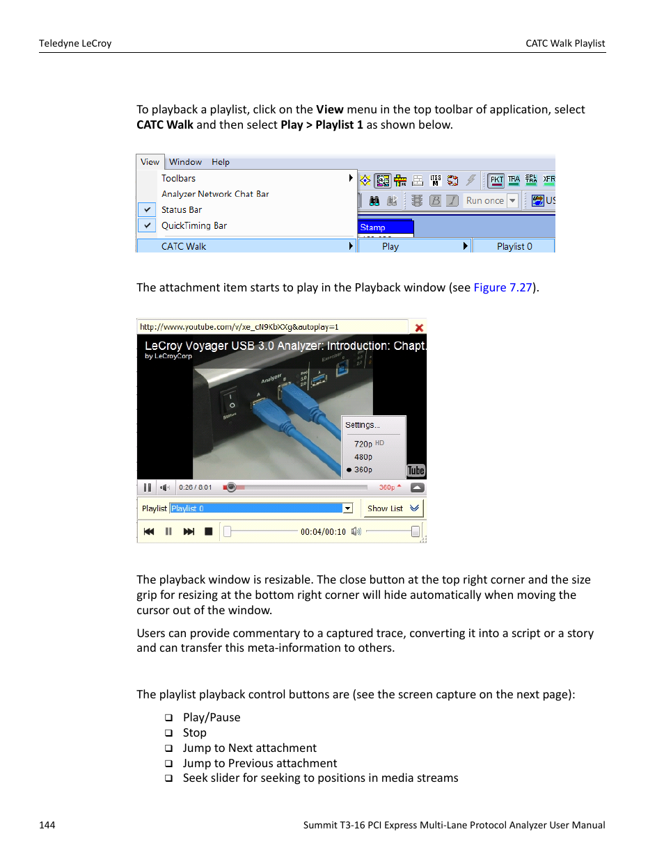 2 playback window, Playlist playback controls | Teledyne LeCroy Summit T3-16 PCIe Multi-lane Protocol Analyzer User Manual User Manual | Page 156 / 266