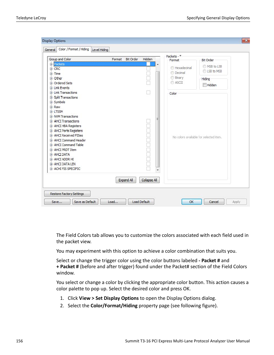 5 setting field colors | Teledyne LeCroy Summit T3-16 PCIe Multi-lane Protocol Analyzer User Manual User Manual | Page 168 / 266