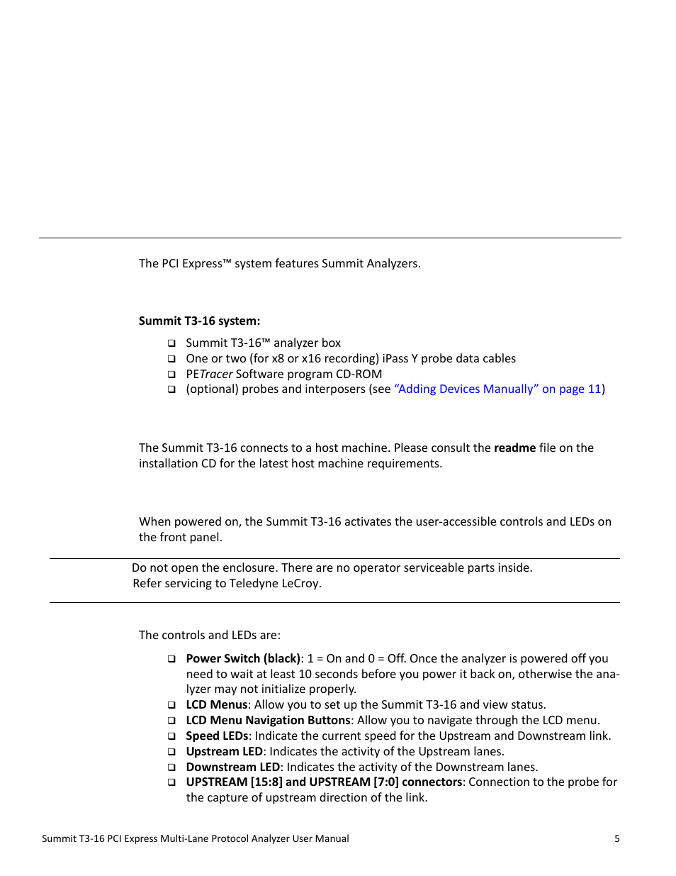 Hardware description, 1 system components, 2 host machine requirements | 3 summit t3-16 front panel description, Chapter 2 | Teledyne LeCroy Summit T3-16 PCIe Multi-lane Protocol Analyzer User Manual User Manual | Page 17 / 266