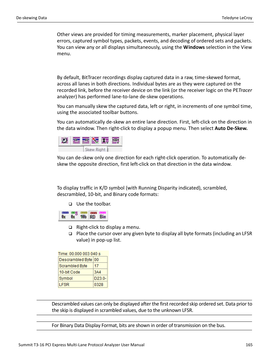 4 de-skewing data, 5 data display formats | Teledyne LeCroy Summit T3-16 PCIe Multi-lane Protocol Analyzer User Manual User Manual | Page 177 / 266