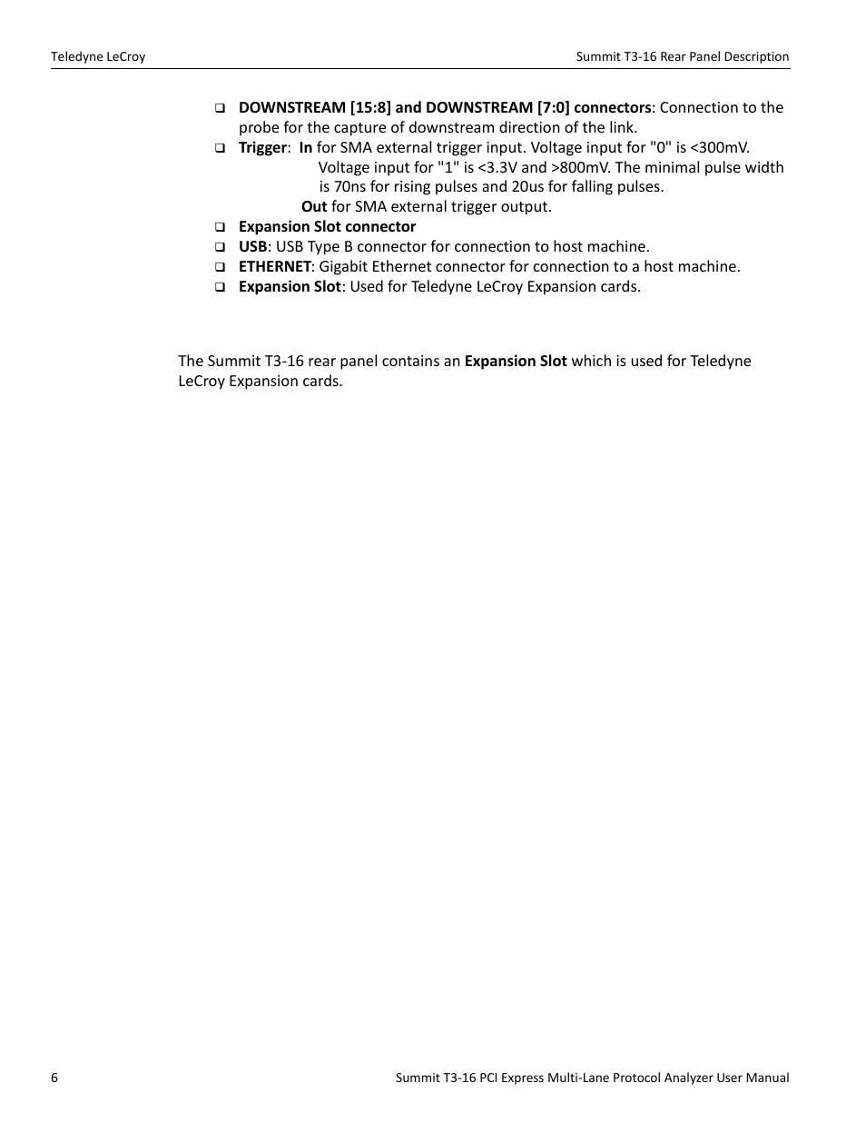 4 summit t3-16 rear panel description | Teledyne LeCroy Summit T3-16 PCIe Multi-lane Protocol Analyzer User Manual User Manual | Page 18 / 266