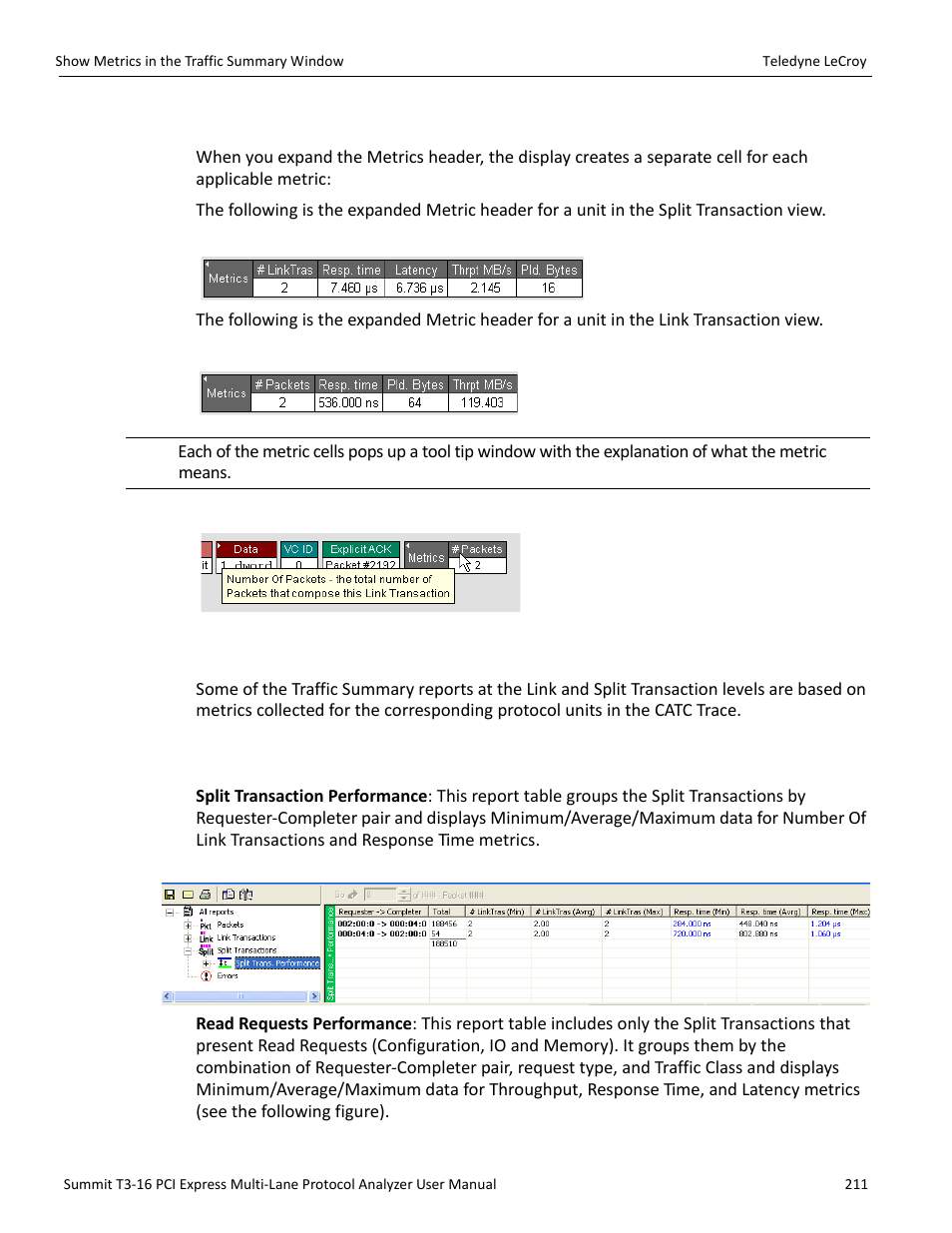 3 expanded metrics header display, 17 show metrics in the traffic summary window, 1 reports at split transaction level | Teledyne LeCroy Summit T3-16 PCIe Multi-lane Protocol Analyzer User Manual User Manual | Page 223 / 266