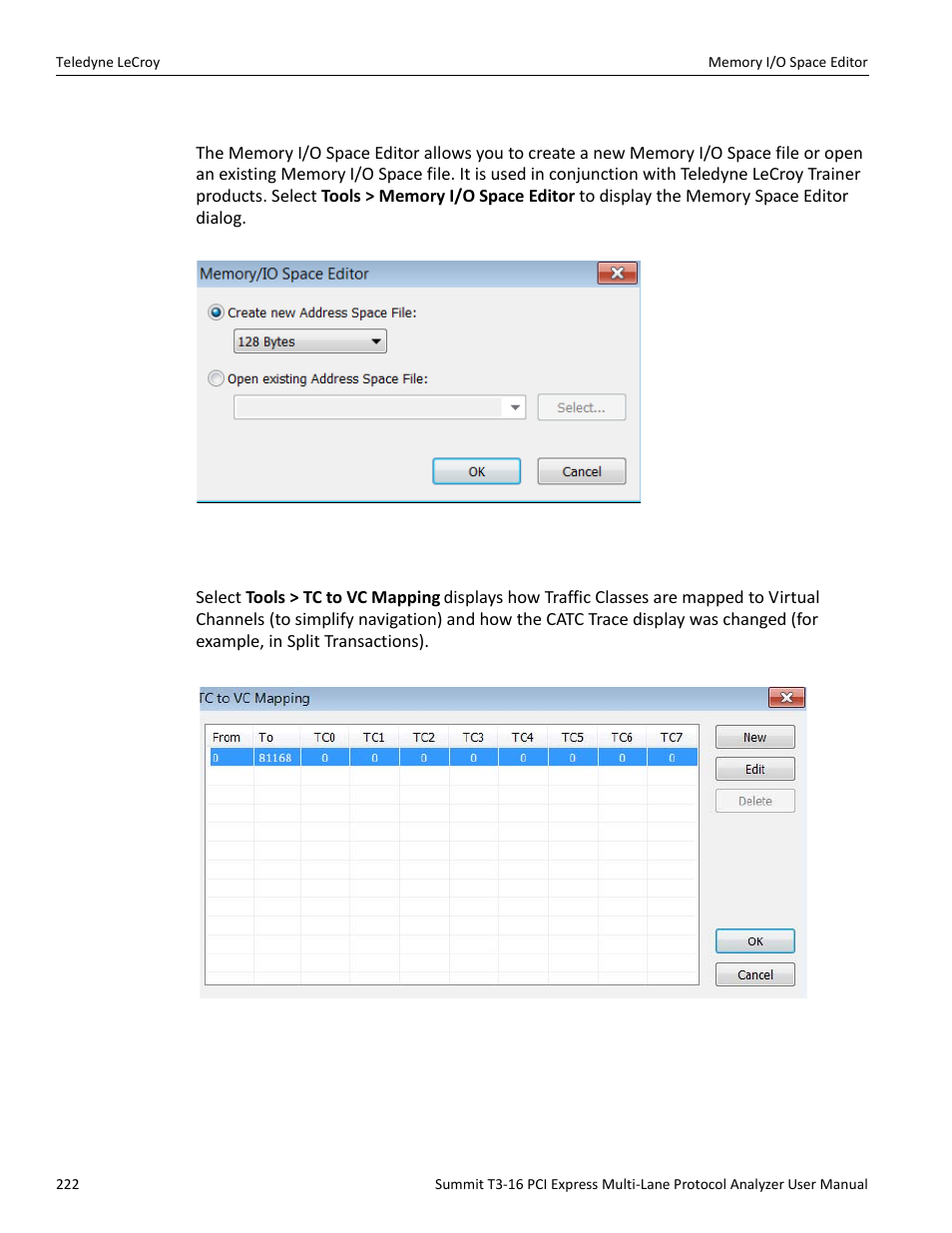 20 memory i/o space editor, 21 tc to vc mapping | Teledyne LeCroy Summit T3-16 PCIe Multi-lane Protocol Analyzer User Manual User Manual | Page 234 / 266