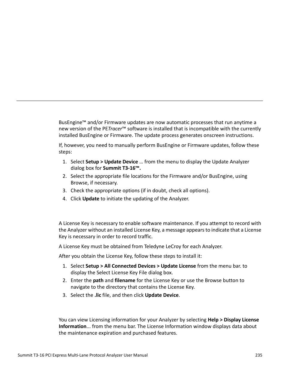 Updates and licensing, 1 updating the analyzer, 2 license keys | 3 license information, Chapter 11: updates and licensing, Chapter 11 | Teledyne LeCroy Summit T3-16 PCIe Multi-lane Protocol Analyzer User Manual User Manual | Page 247 / 266