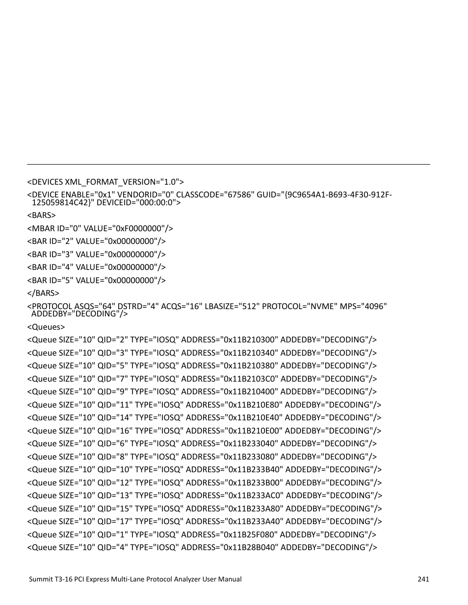 Example of xml file format for ssd decodes, Appendix b | Teledyne LeCroy Summit T3-16 PCIe Multi-lane Protocol Analyzer User Manual User Manual | Page 253 / 266