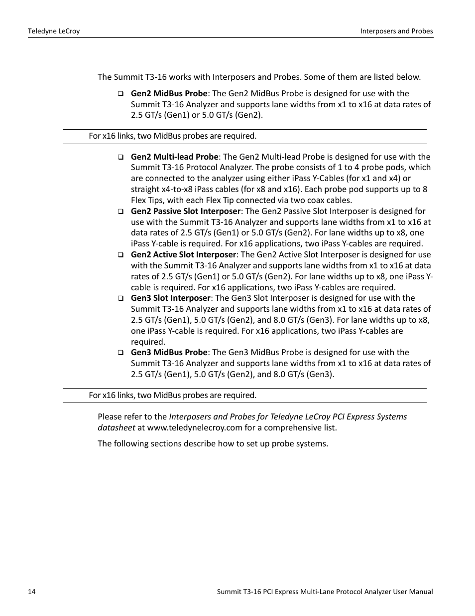 7 interposers and probes | Teledyne LeCroy Summit T3-16 PCIe Multi-lane Protocol Analyzer User Manual User Manual | Page 26 / 266