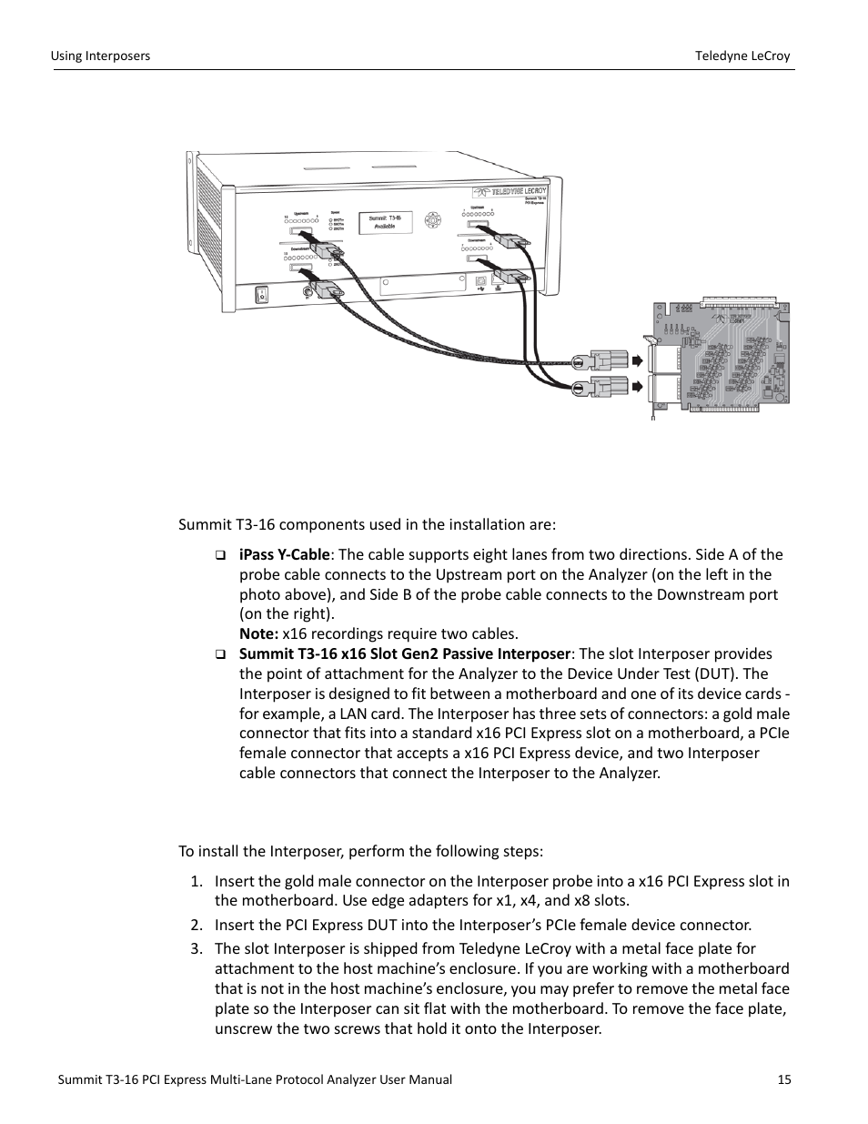 8 using interposers, 1 summit t3-16 components, 2 installing the gen2 passive interposer | Teledyne LeCroy Summit T3-16 PCIe Multi-lane Protocol Analyzer User Manual User Manual | Page 27 / 266