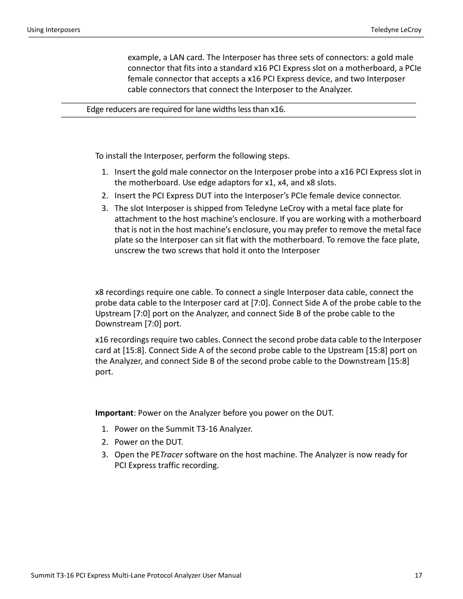 6 installing the gen2 active interposer, 7 connecting the probe data cable, 8 power on analyzer and then dut | Teledyne LeCroy Summit T3-16 PCIe Multi-lane Protocol Analyzer User Manual User Manual | Page 29 / 266