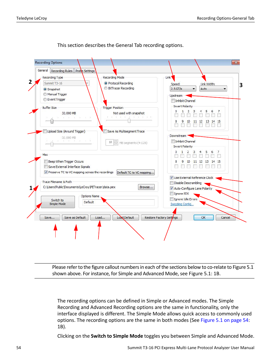 3 recording options-general tab, 4 simple and advanced mode | Teledyne LeCroy Summit T3-16 PCIe Multi-lane Protocol Analyzer User Manual User Manual | Page 66 / 266