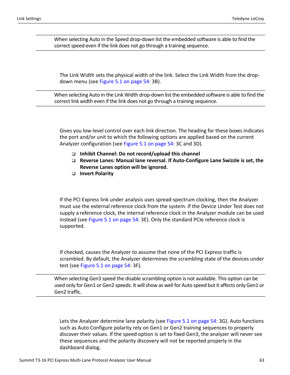 2 link width, 3 upstream and downstream, 4 use external reference clock | 5 disable descrambling, 6 auto-configure lane polarity | Teledyne LeCroy Summit T3-16 PCIe Multi-lane Protocol Analyzer User Manual User Manual | Page 75 / 266