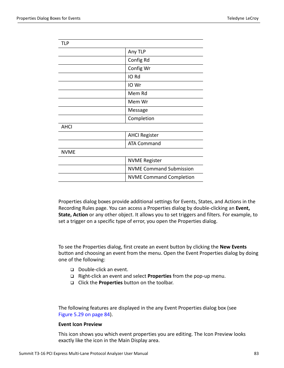 21 properties dialog boxes for events, 1 accessing the properties dialog, 2 event properties dialog box features | Teledyne LeCroy Summit T3-16 PCIe Multi-lane Protocol Analyzer User Manual User Manual | Page 95 / 266