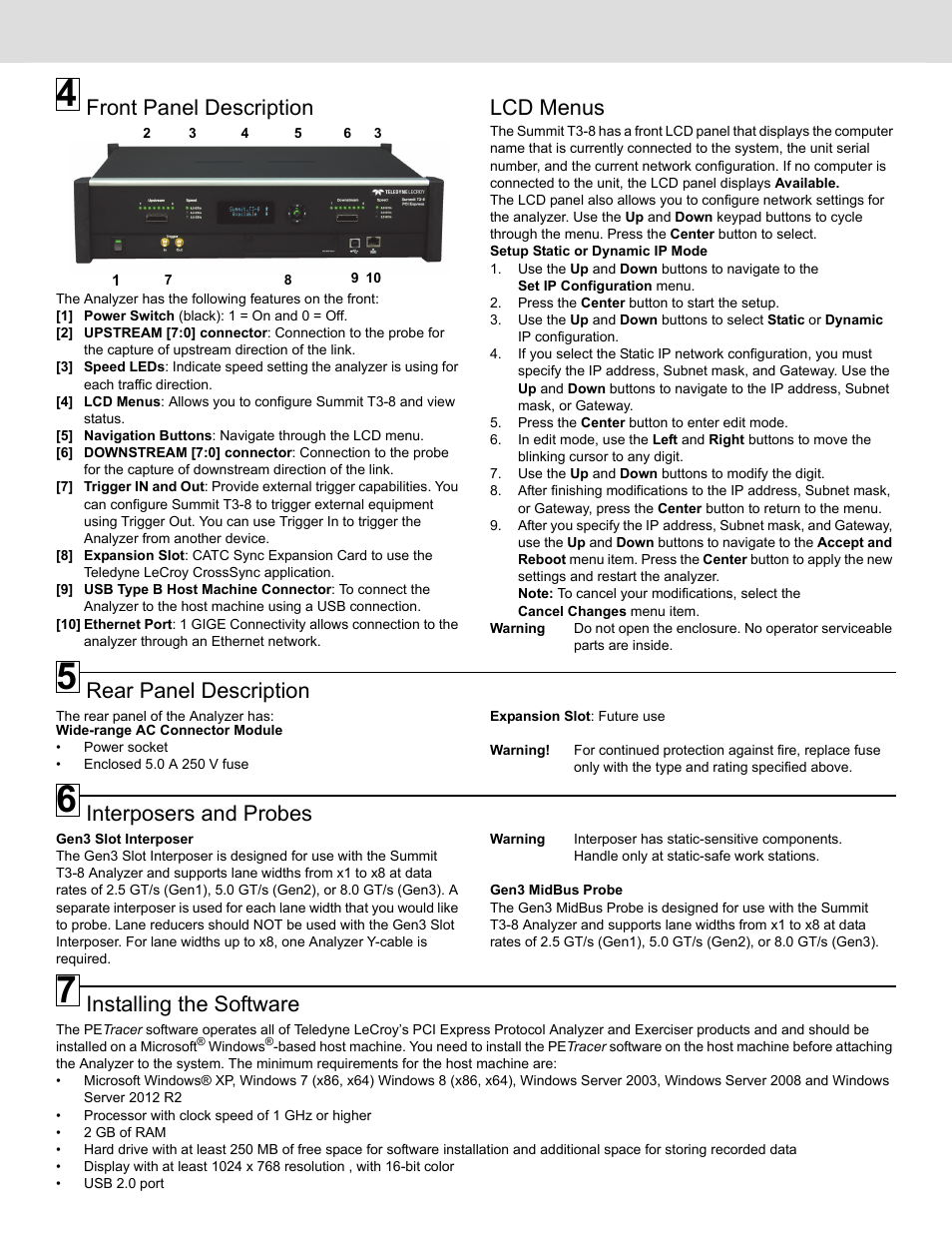 Front panel description, Lcd menus, Rear panel description | Interposers and probes, Installing the software | Teledyne LeCroy Summit T3-8 PCI Express Protocol Analyzer User Manual | Page 2 / 4