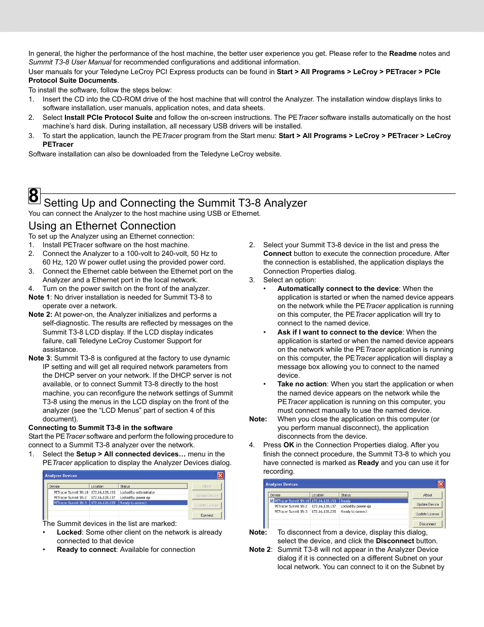 Setting up and connecting the summit t3-8 analyzer, Using an ethernet connection | Teledyne LeCroy Summit T3-8 PCI Express Protocol Analyzer User Manual | Page 3 / 4