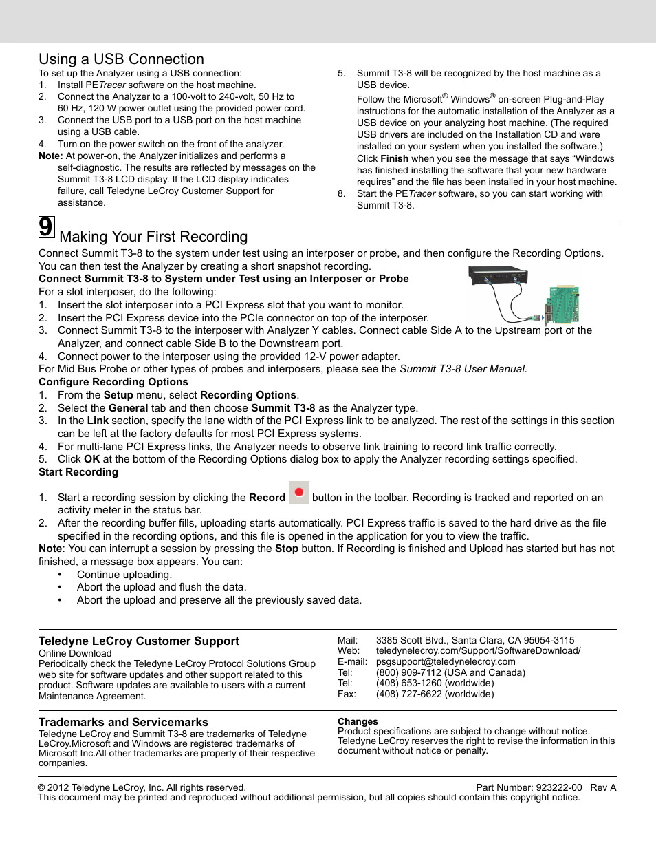Making your first recording, Using a usb connection | Teledyne LeCroy Summit T3-8 PCI Express Protocol Analyzer User Manual | Page 4 / 4