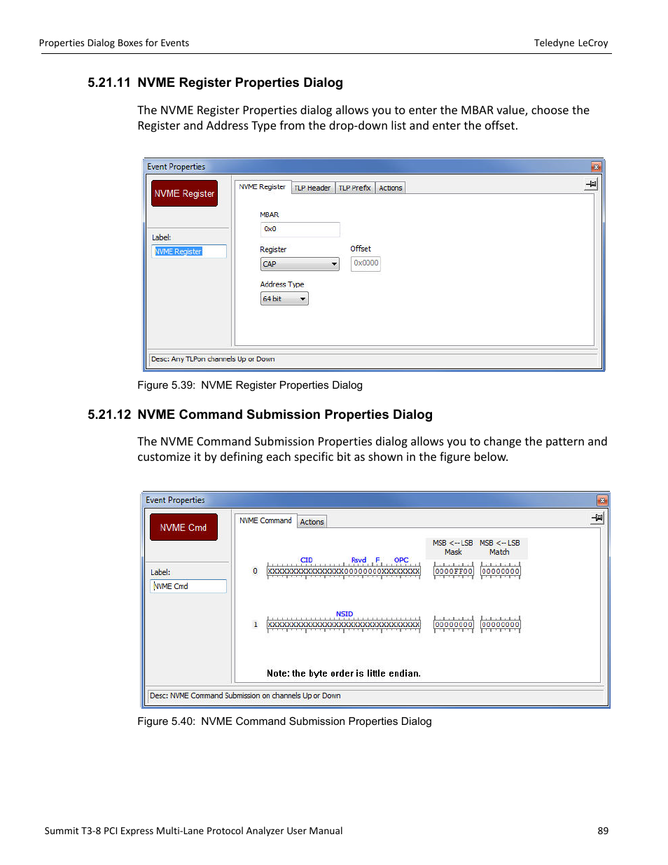 11 nvme register properties dialog, 12 nvme command submission properties dialog | Teledyne LeCroy Summit T3-8 PCIe Multi-lane Protocol Analyzer User Manual User Manual | Page 101 / 266