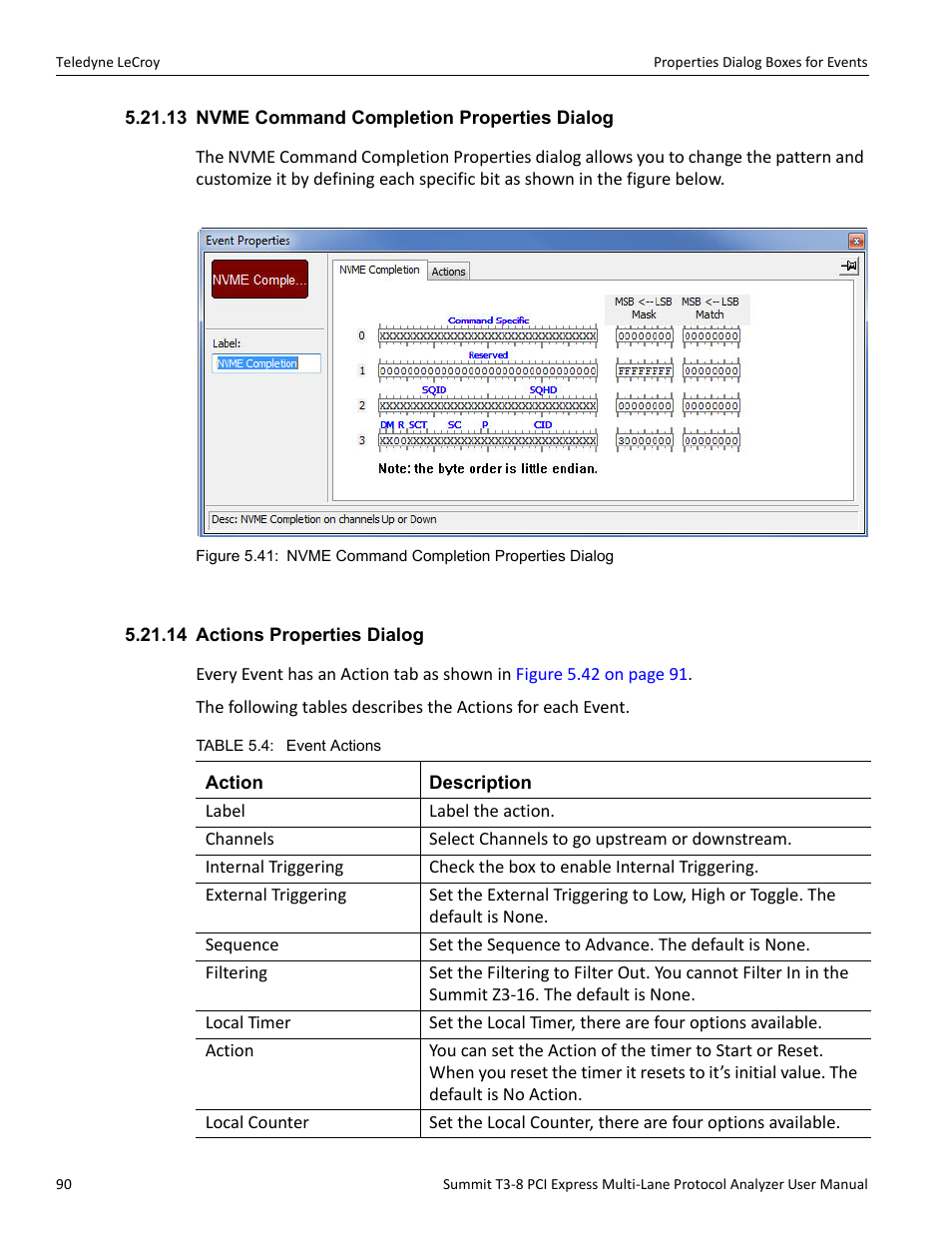 13 nvme command completion properties dialog, 14 actions properties dialog | Teledyne LeCroy Summit T3-8 PCIe Multi-lane Protocol Analyzer User Manual User Manual | Page 102 / 266