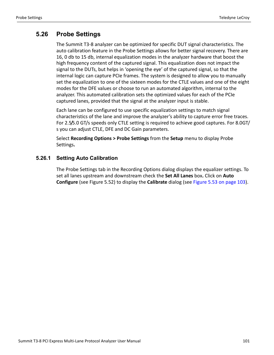 26 probe settings, 1 setting auto calibration | Teledyne LeCroy Summit T3-8 PCIe Multi-lane Protocol Analyzer User Manual User Manual | Page 113 / 266