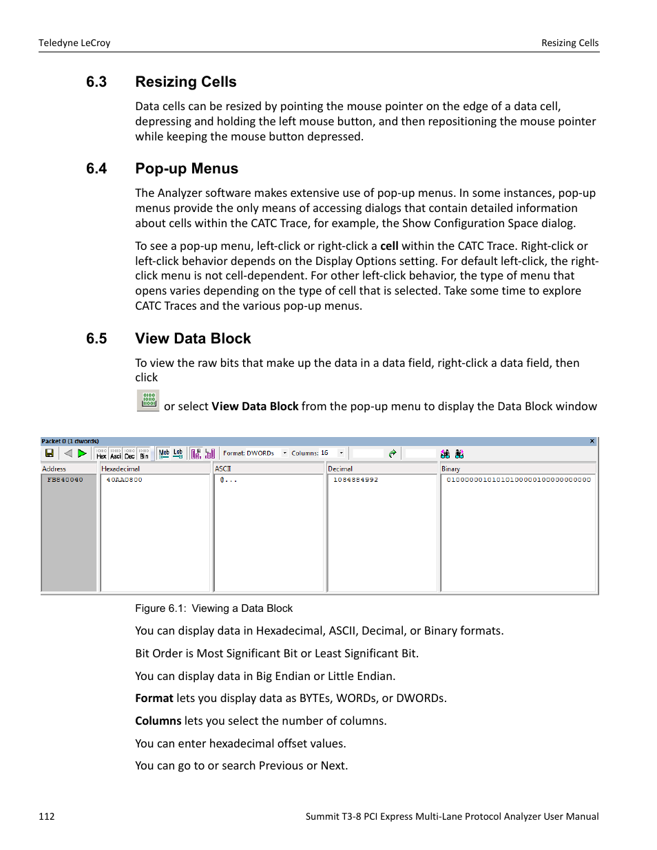 3 resizing cells, 4 pop-up menus, 5 view data block | Teledyne LeCroy Summit T3-8 PCIe Multi-lane Protocol Analyzer User Manual User Manual | Page 124 / 266