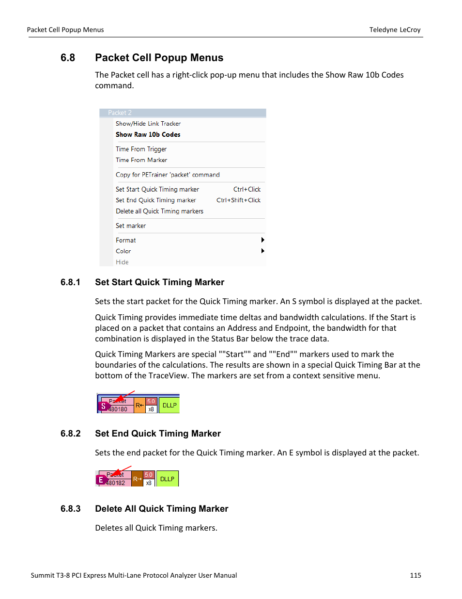 8 packet cell popup menus, 1 set start quick timing marker, 2 set end quick timing marker | 3 delete all quick timing marker | Teledyne LeCroy Summit T3-8 PCIe Multi-lane Protocol Analyzer User Manual User Manual | Page 127 / 266