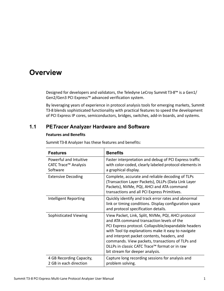 Overview, 1 petracer analyzer hardware and software, Chapter 1 | Teledyne LeCroy Summit T3-8 PCIe Multi-lane Protocol Analyzer User Manual User Manual | Page 13 / 266