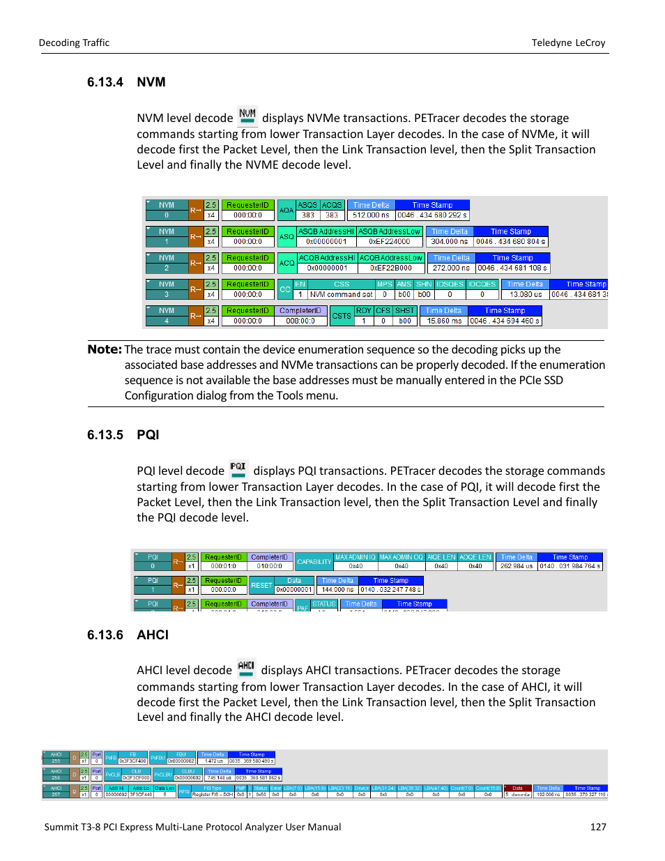 4 nvm, 5 pqi, 6 ahci | 4 nvm 6.13.5 pqi 6.13.6 ahci | Teledyne LeCroy Summit T3-8 PCIe Multi-lane Protocol Analyzer User Manual User Manual | Page 139 / 266