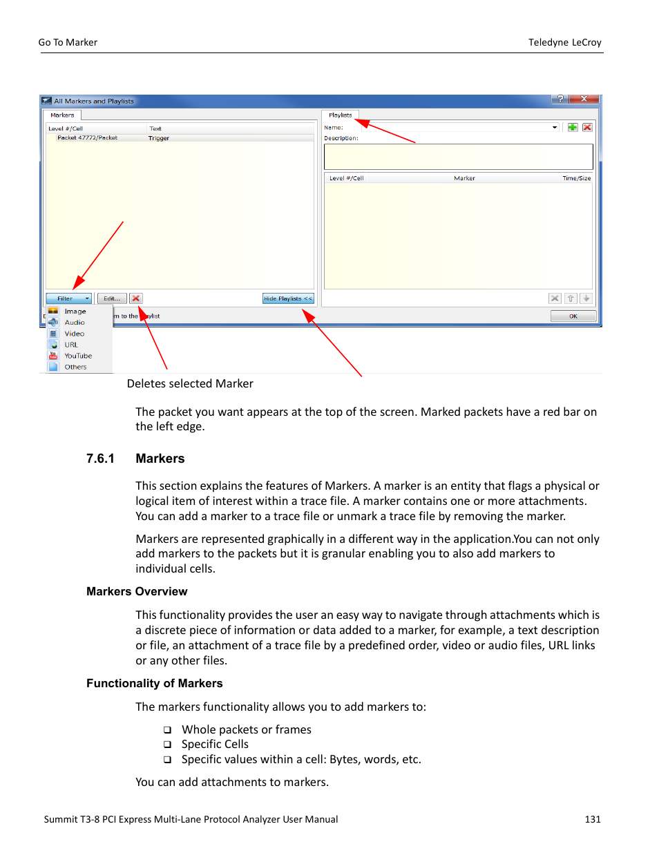 1 markers, Markers overview, Functionality of markers | Markers overview functionality of markers | Teledyne LeCroy Summit T3-8 PCIe Multi-lane Protocol Analyzer User Manual User Manual | Page 143 / 266